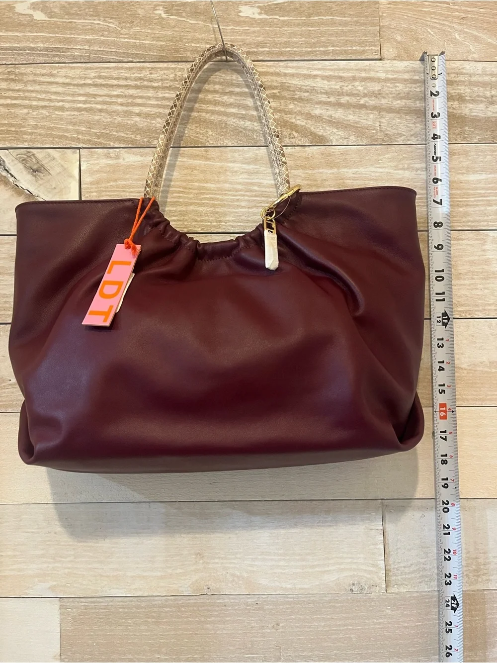 LDT Burgundy Hobo Tote with Braided Snakeskin Cream Handles NWT